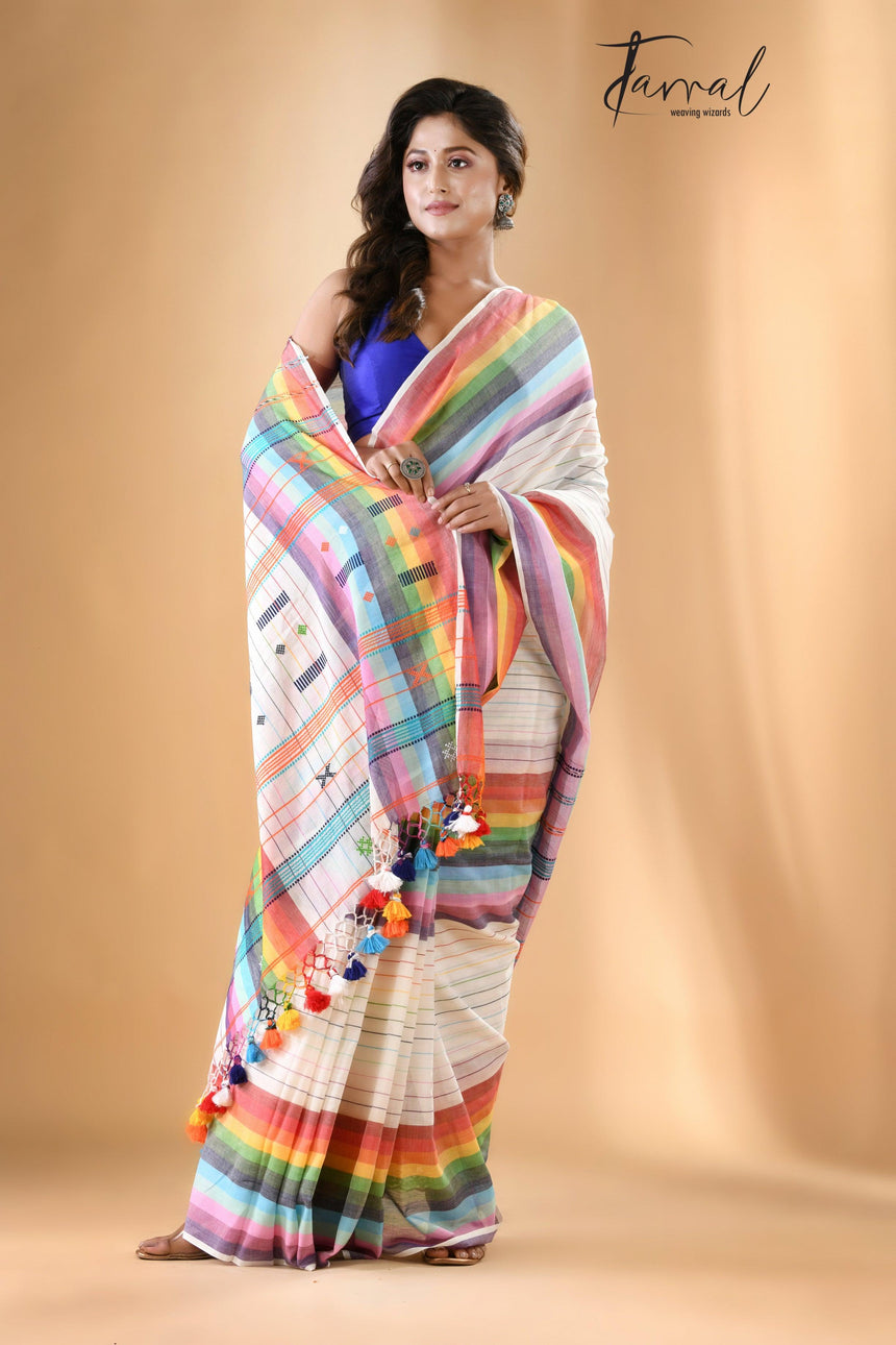 White with multicolour bhujodi design cotton handloom saree