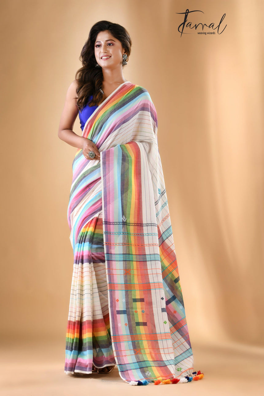 White with multicolour bhujodi design cotton handloom saree
