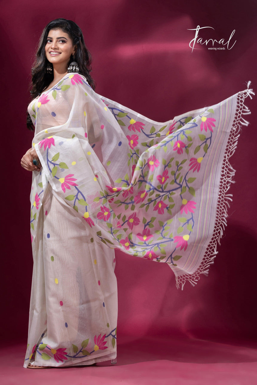 White with pink floral border handwoven muslin jamdani saree