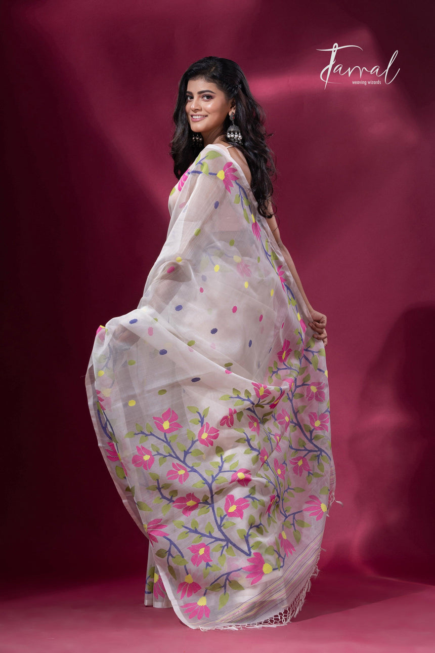 White with pink floral border handwoven muslin jamdani saree back
