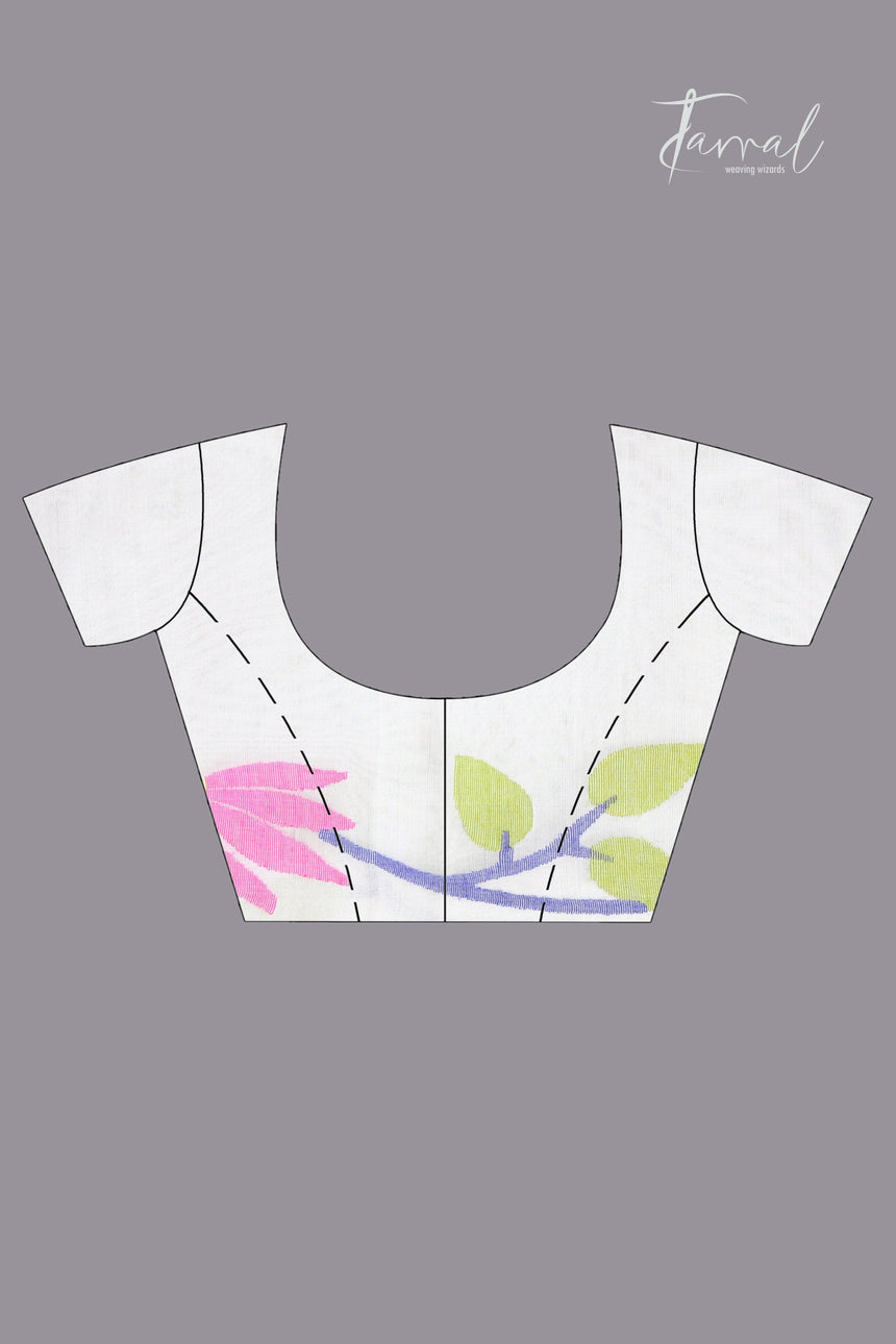 White with pink floral border handwoven muslin jamdani saree blouse