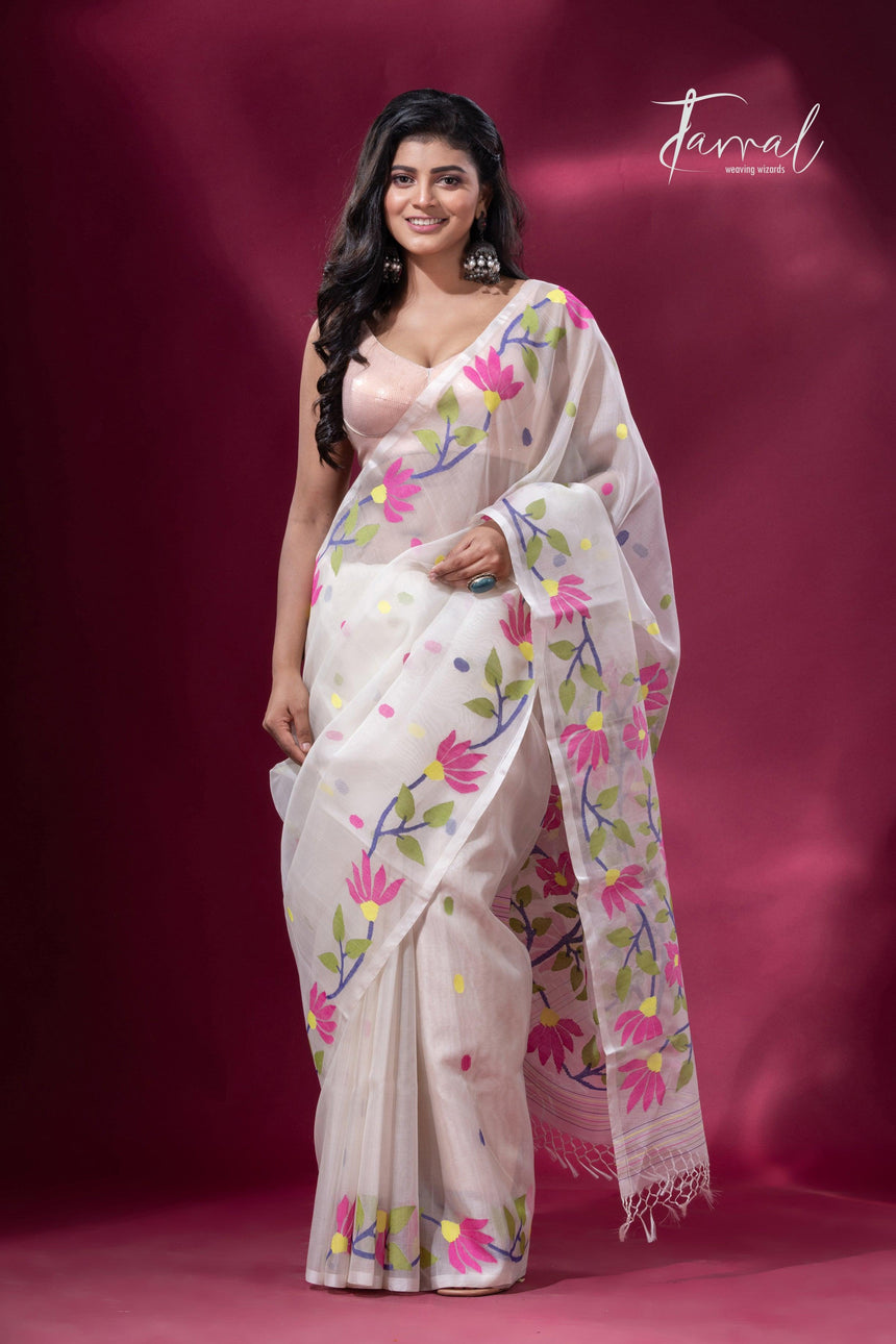 White with pink floral border handwoven muslin jamdani saree full