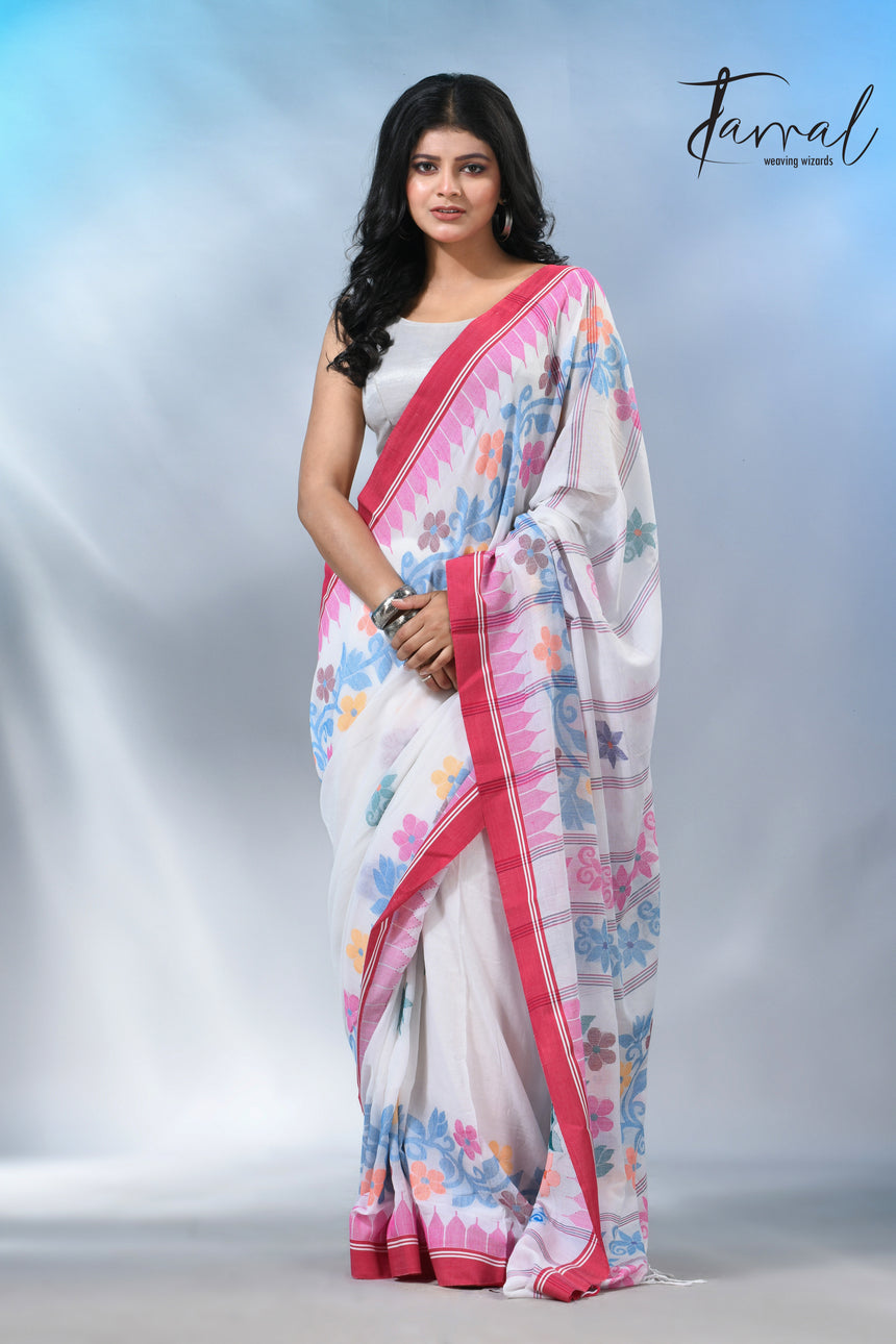 White with pink temple border cotton handloom jamdani saree