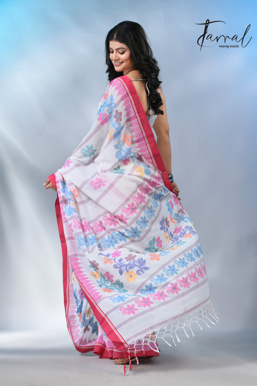 White with pink temple border cotton handloom jamdani saree