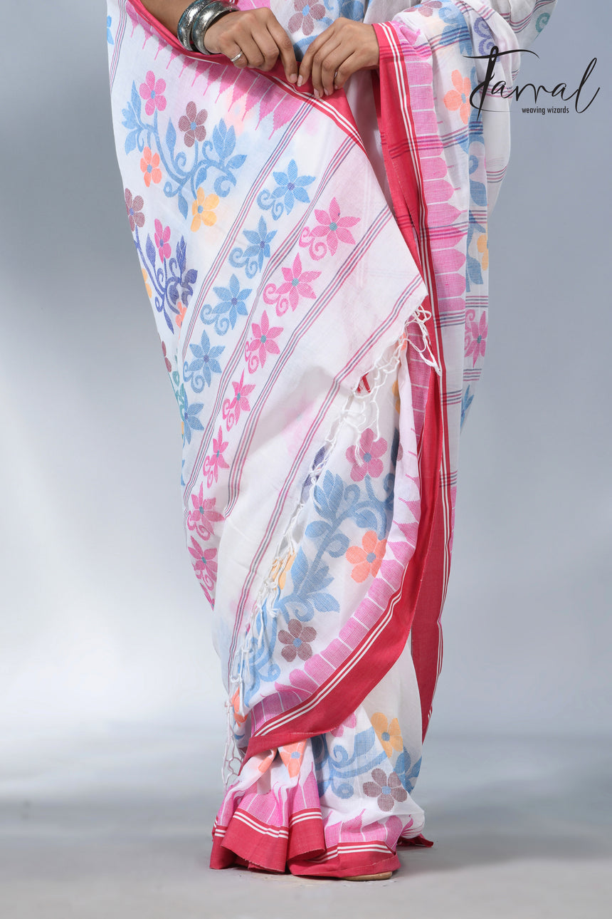 White with pink temple border cotton handloom jamdani saree