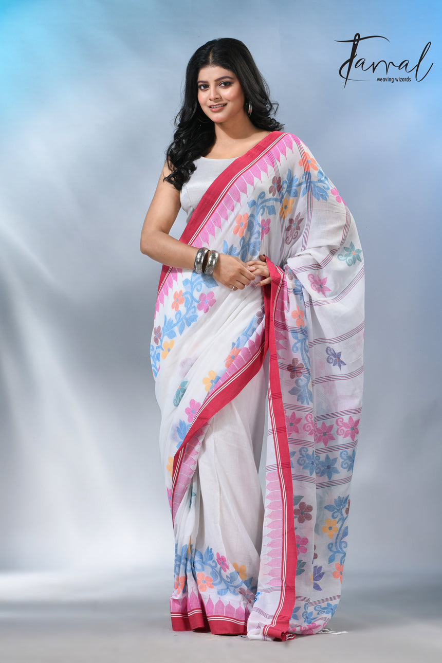 White with pink temple border cotton handloom jamdani saree