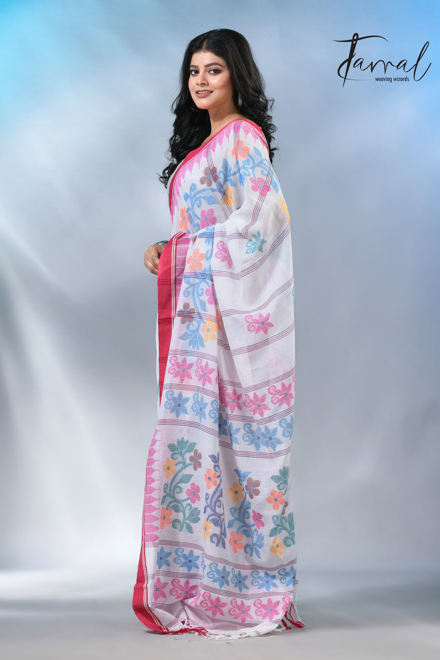 White with pink temple border cotton handloom jamdani saree
