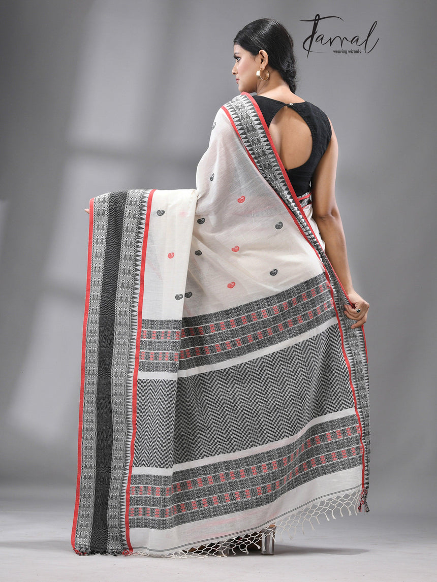 White with red & black fish motifs border handloom cotton saree