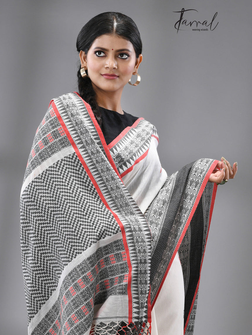 White with red & black fish motifs border handloom cotton saree