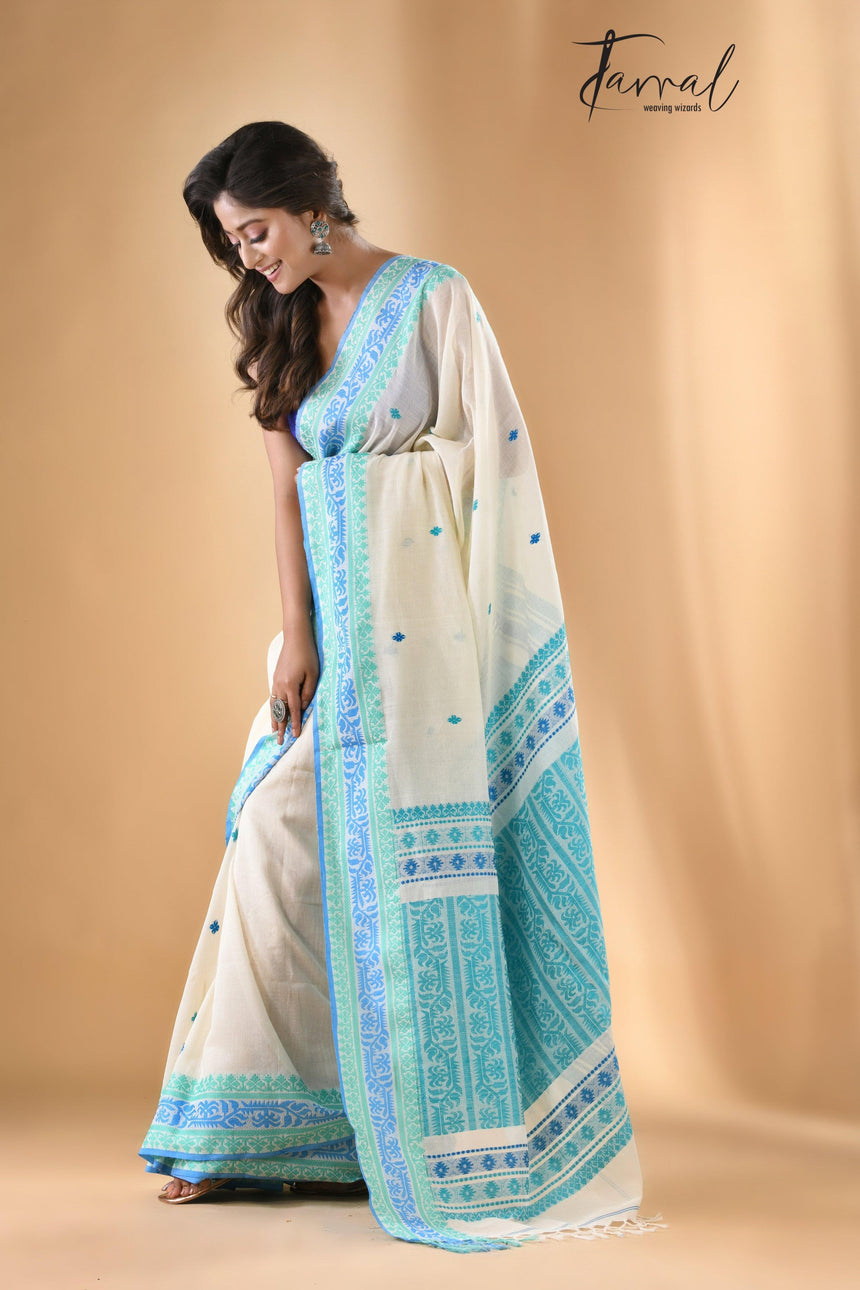 White with turquoise blue fulia cotton handloom saree