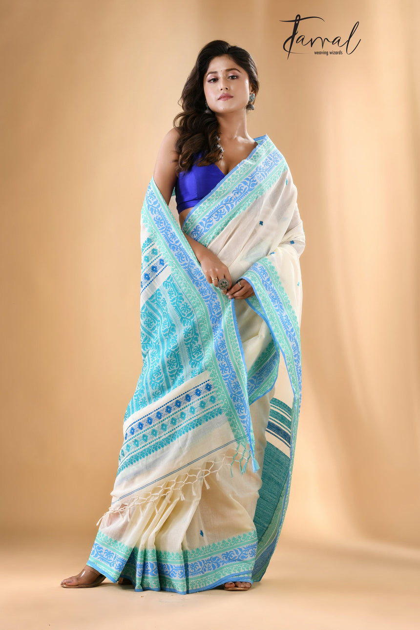 White with turquoise blue fulia cotton handloom saree