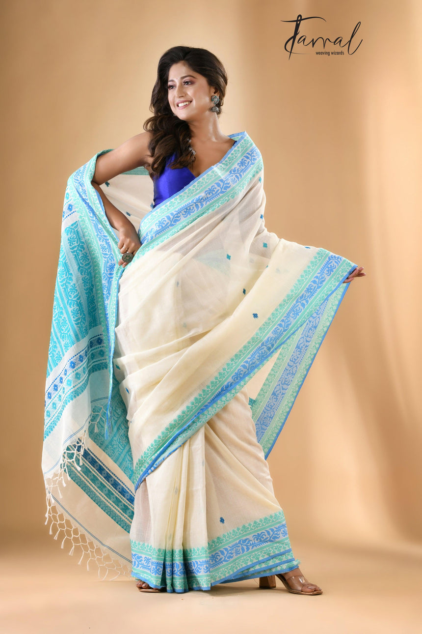 White with turquoise blue fulia cotton handloom saree