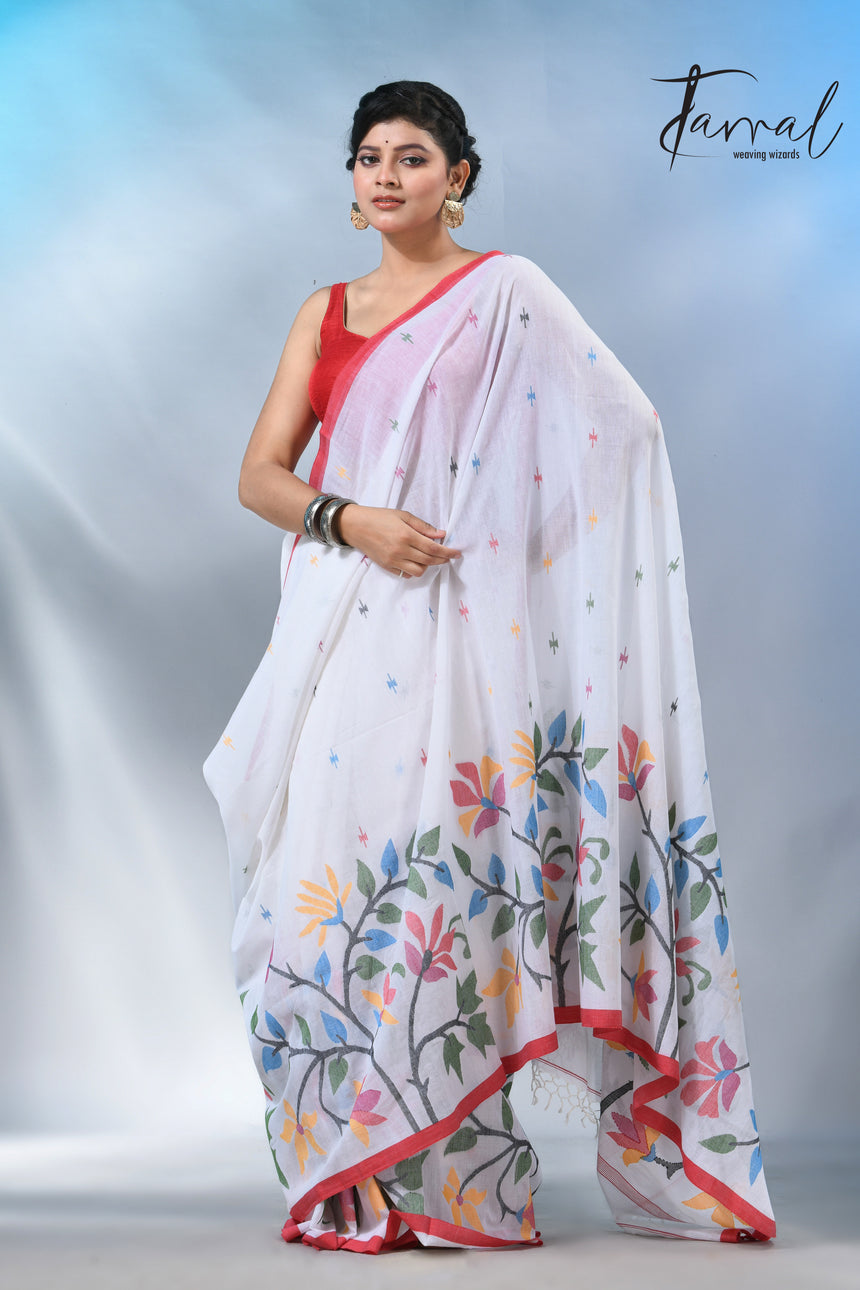 White with wide floral border cotton handwoven jamdani saree