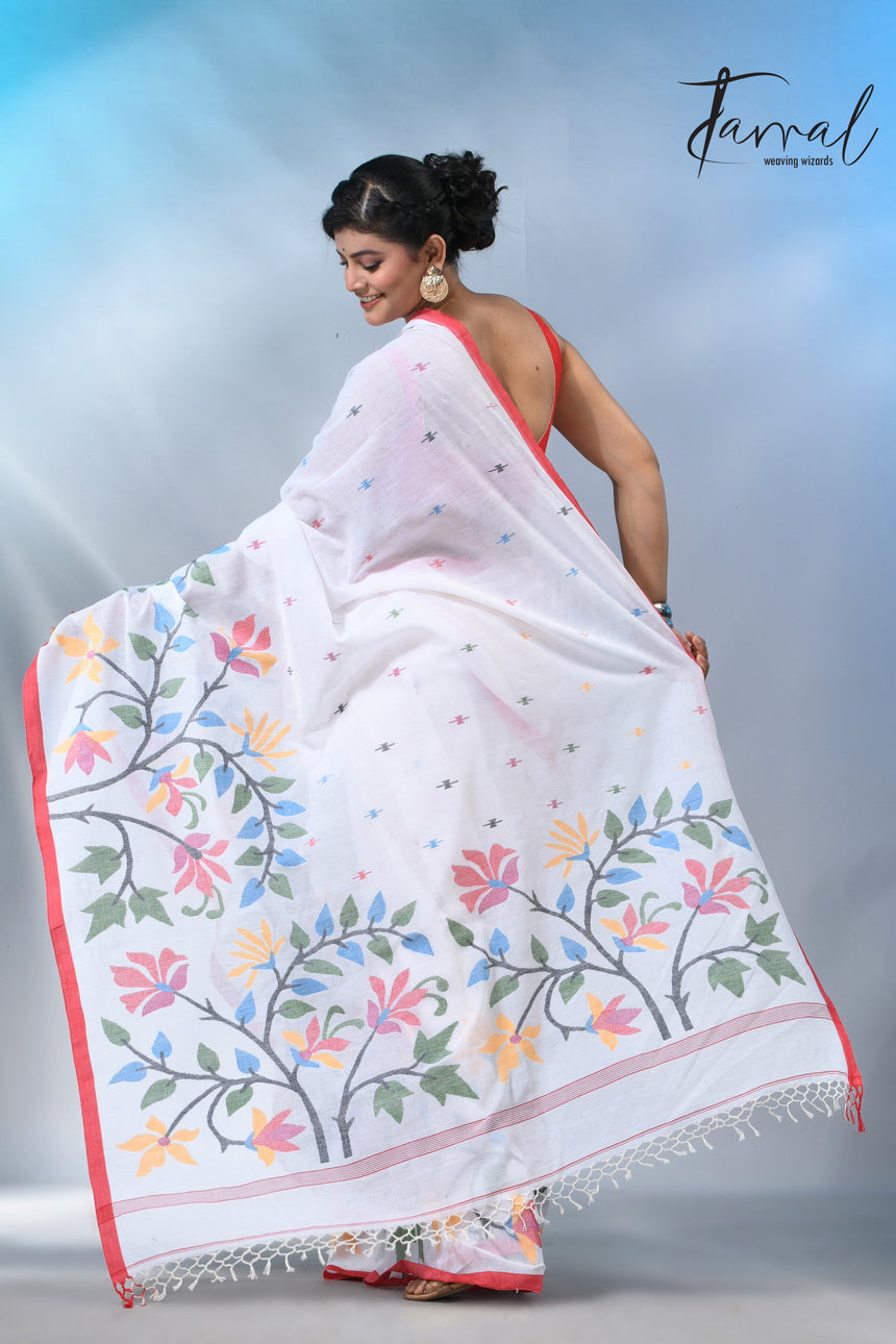 White with wide floral border cotton handwoven jamdani saree