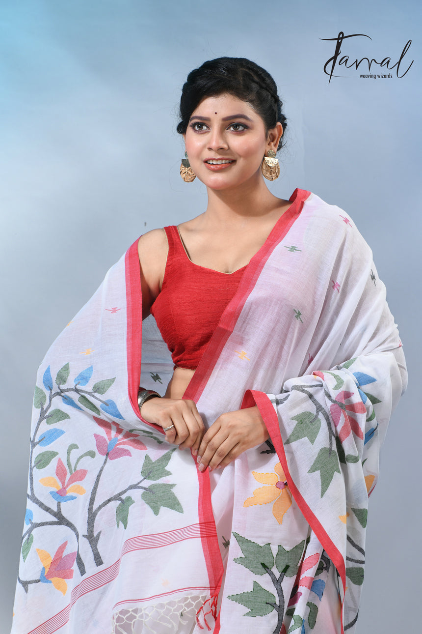 White with wide floral border cotton handwoven jamdani saree