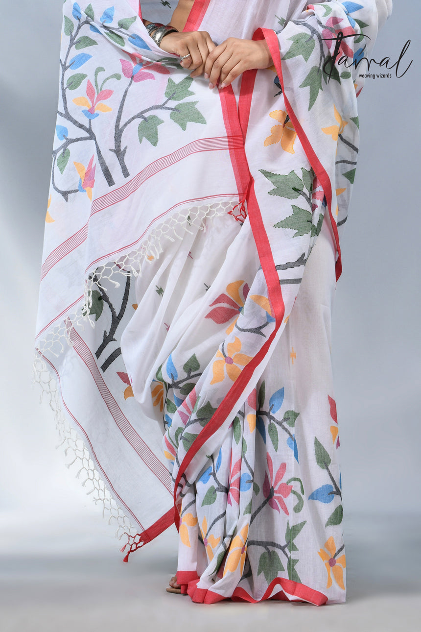 White with wide floral border cotton handwoven jamdani saree