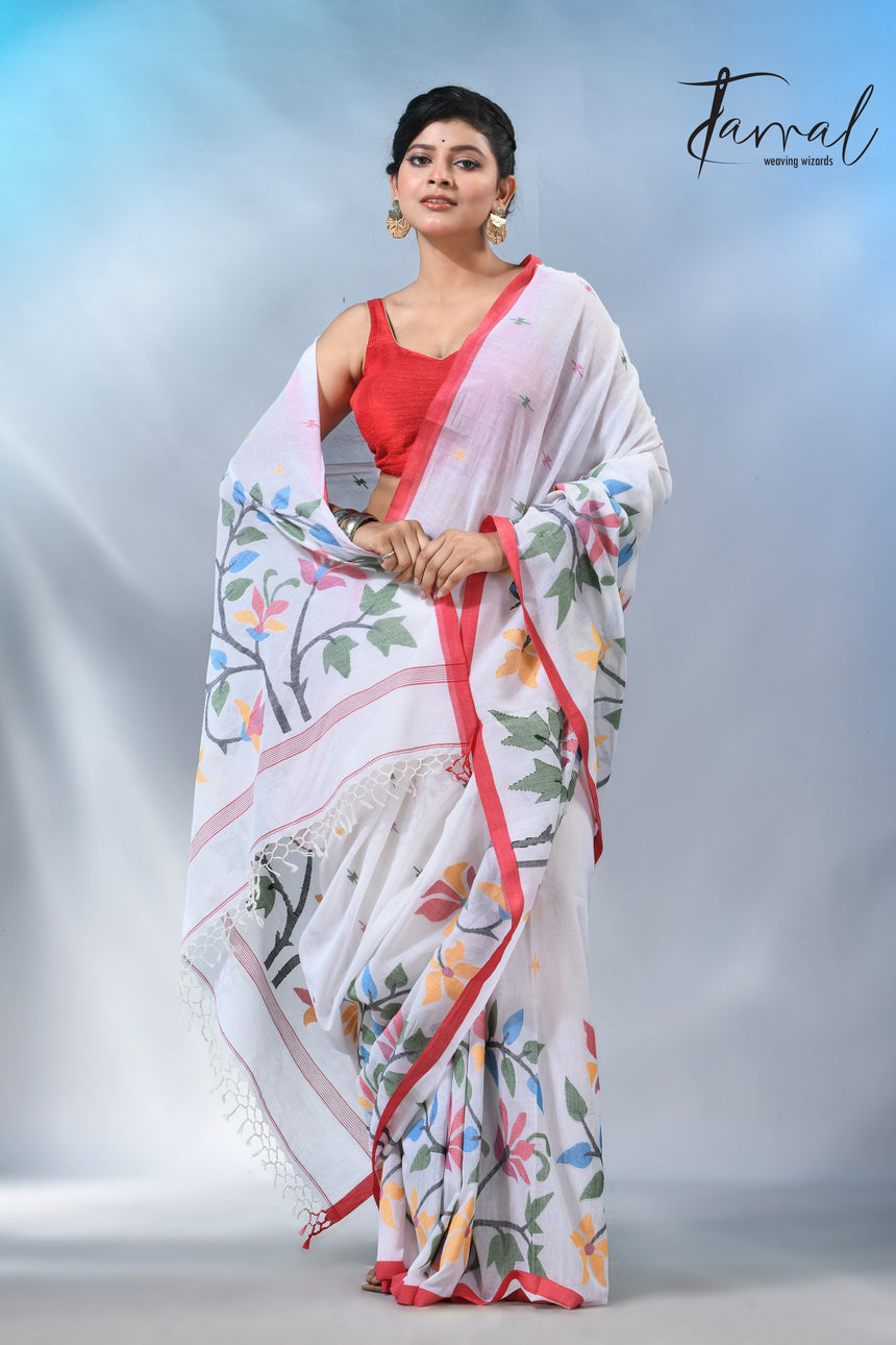 White with wide floral border cotton handwoven jamdani saree