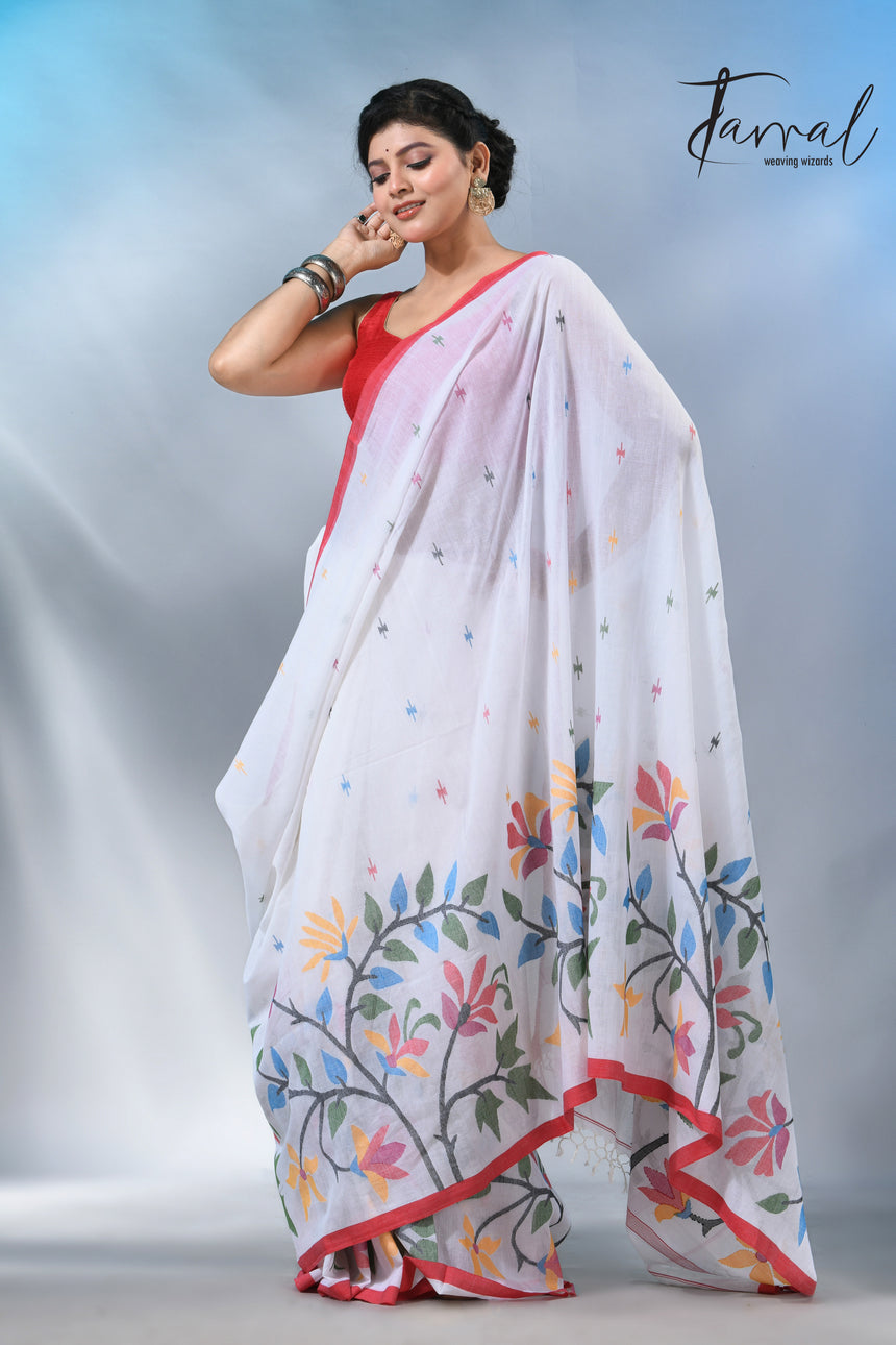 White with wide floral border cotton handwoven jamdani saree
