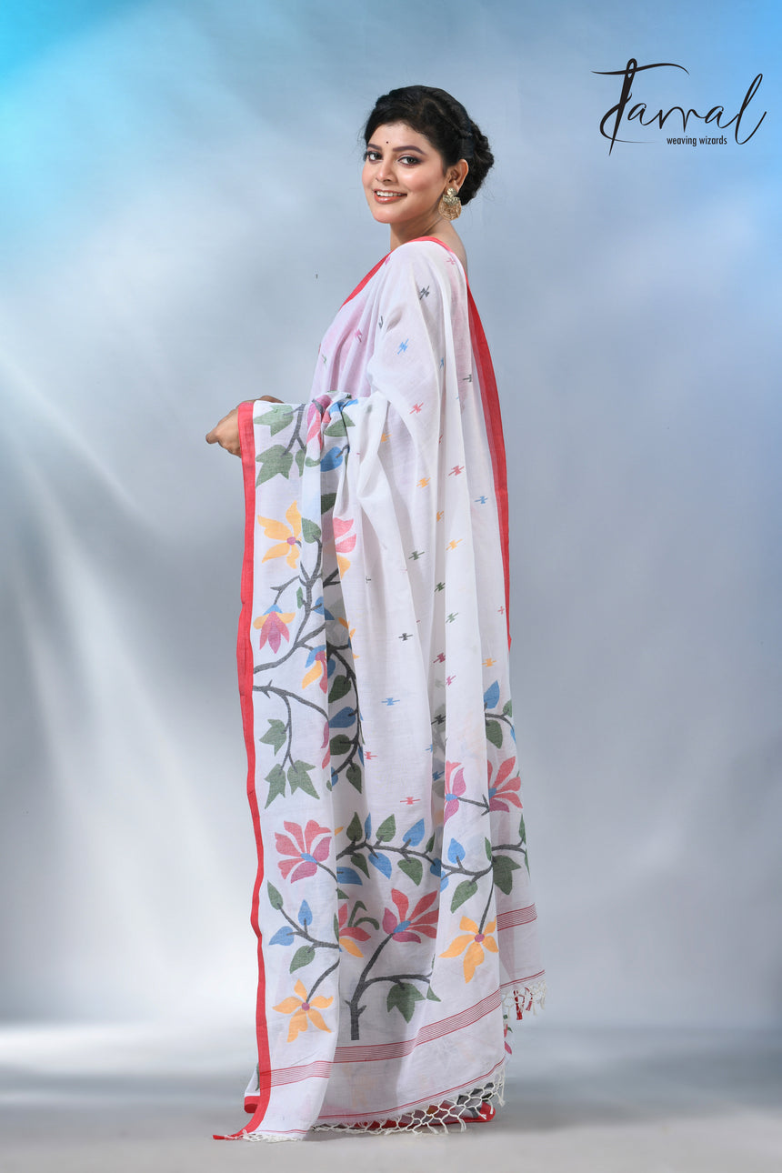 White with wide floral border cotton handwoven jamdani saree