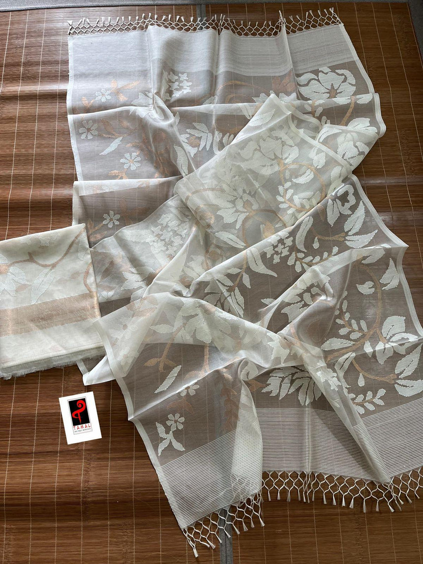 White self with zari kurti & dupatta set in muslin silk - Tamal Boutique