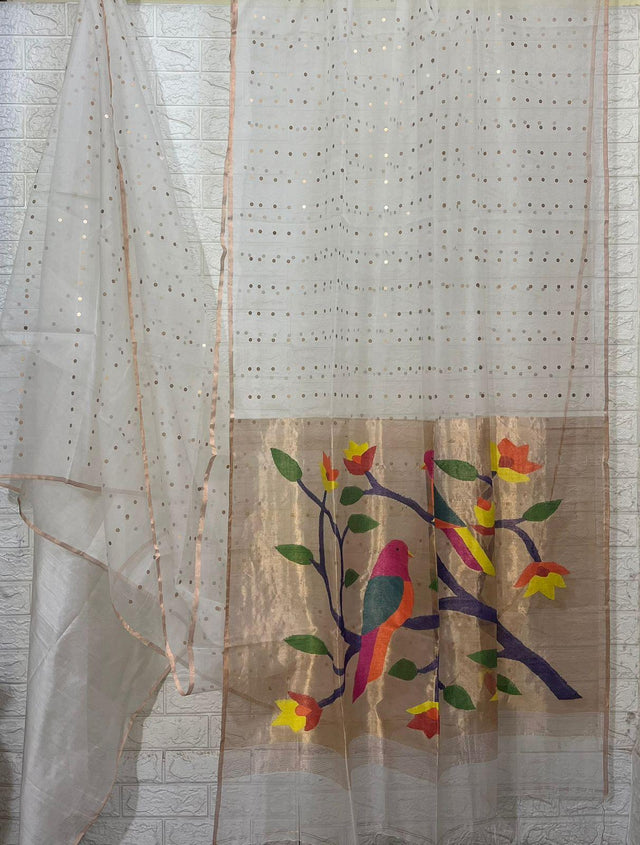 White with zari border paithani sequins handwoven organza silk saree - Tamal Boutique