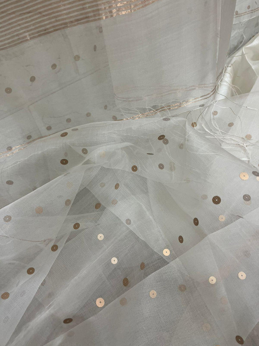 White with zari border paithani sequins handwoven organza silk saree - Tamal Boutique