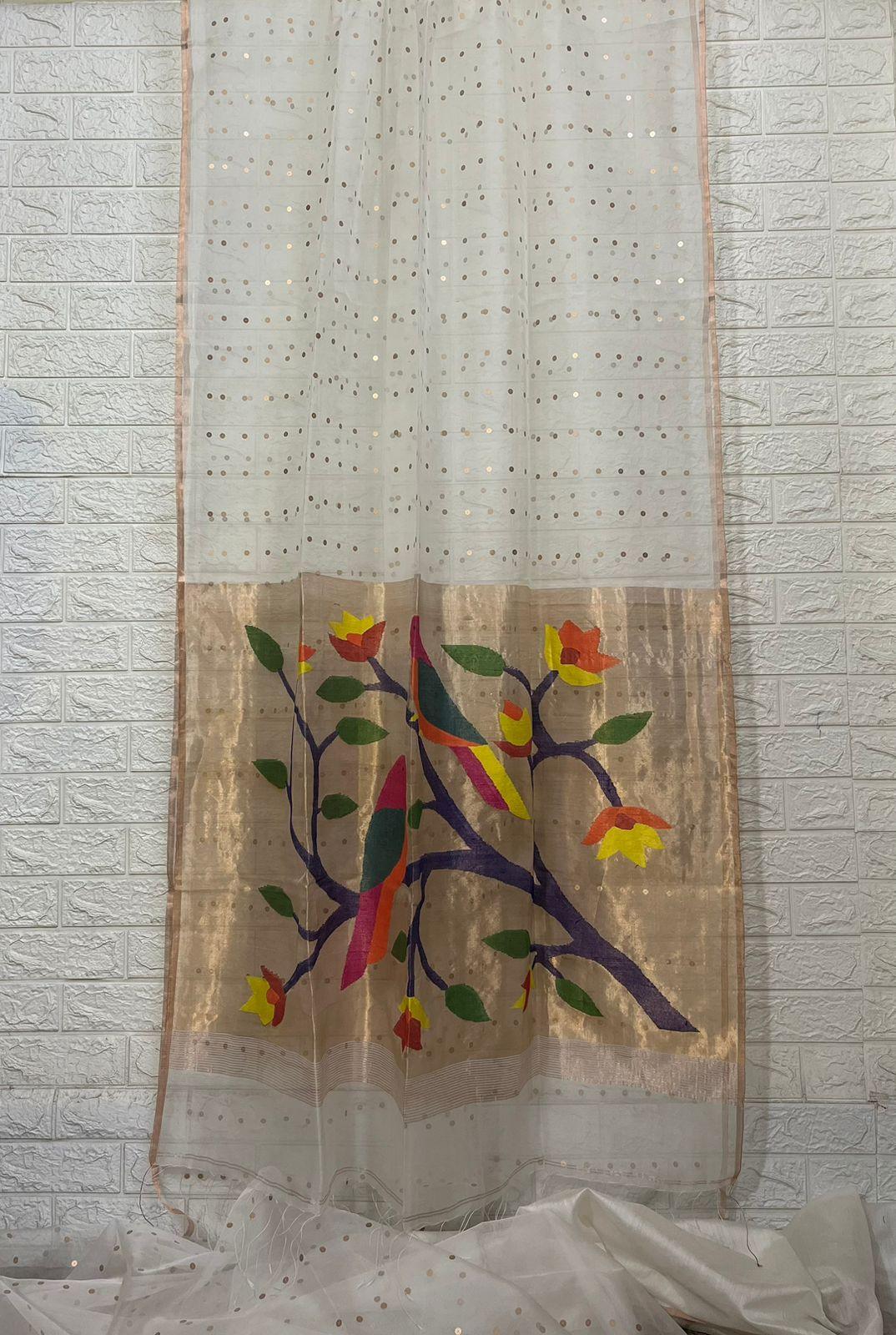 White with zari border paithani sequins handwoven organza silk saree - Tamal Boutique