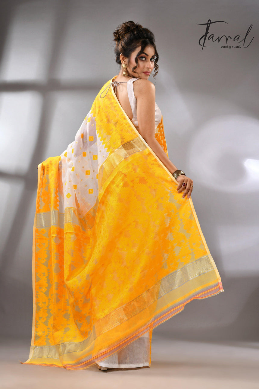White & yellow soft handloom dhakai jamdani saree