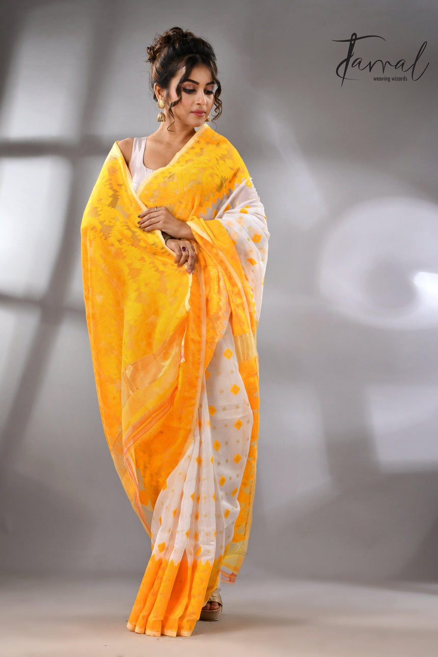 White & yellow soft handloom dhakai jamdani saree