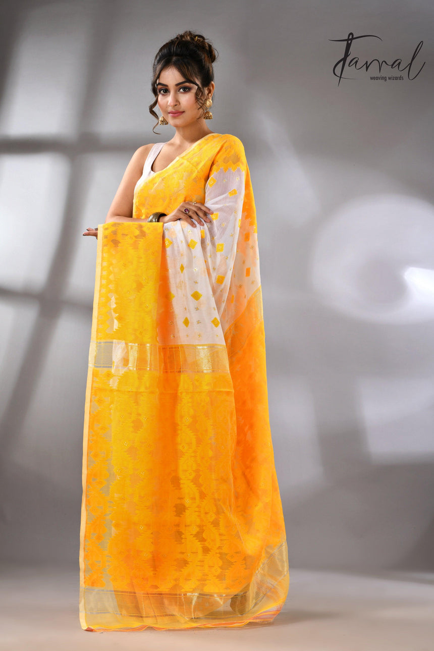White & yellow soft handloom dhakai jamdani saree