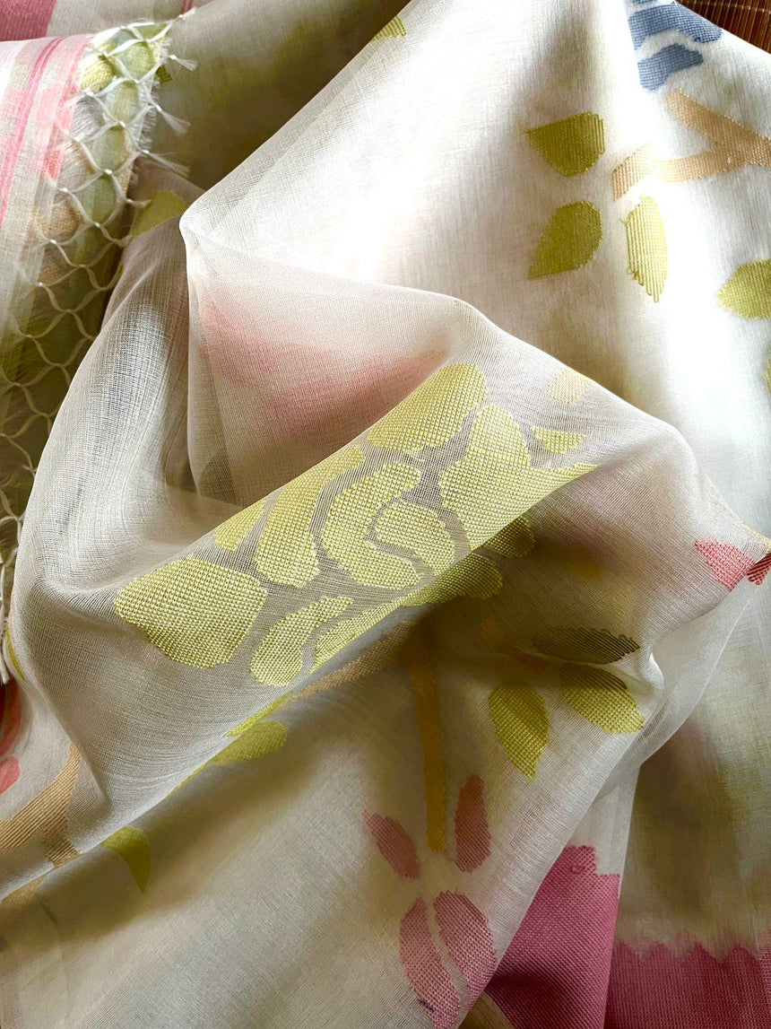 White with Pink border multicolour all over rose motifs muslin silk handwoven jamdani saree - Tamal Boutique
