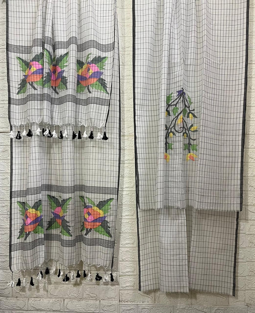White with black cheeks rose motifs pure cotton handwoven jamdani kurti & dupatta set - Tamal Boutique