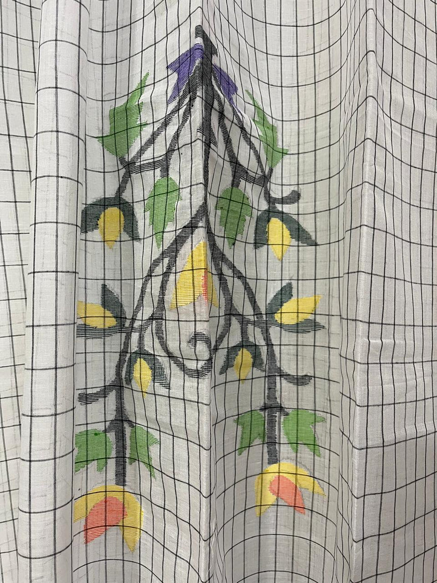 White with black cheeks rose motifs pure cotton handwoven jamdani kurti & dupatta set - Tamal Boutique