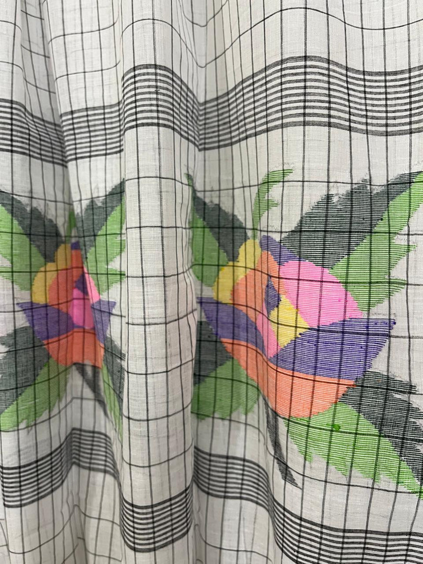 White with black cheeks rose motifs pure cotton handwoven jamdani kurti & dupatta set - Tamal Boutique