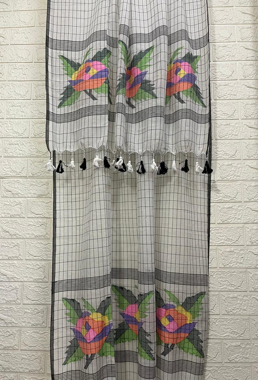 White with black cheeks rose motifs pure cotton handwoven jamdani kurti & dupatta set - Tamal Boutique