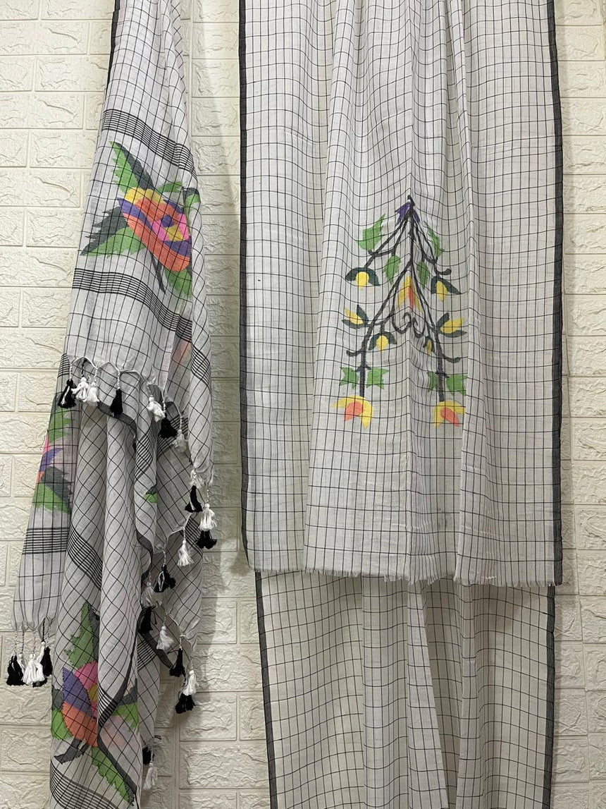 White with black cheeks rose motifs pure cotton handwoven jamdani kurti & dupatta set - Tamal Boutique