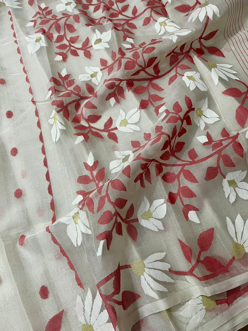 White with red & golden floral motifs handwoven muslin silk jamdani saree - Tamal Boutique