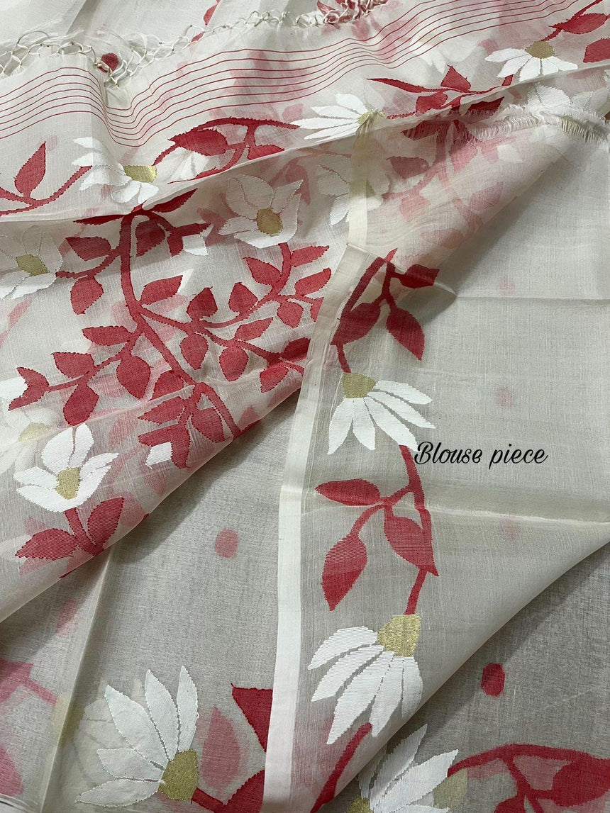White with red & golden floral motifs handwoven muslin silk jamdani saree - Tamal Boutique