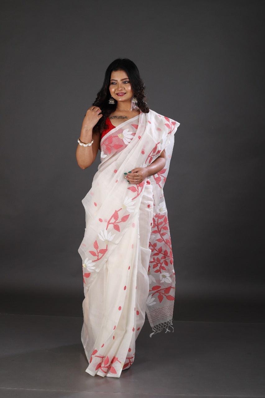 White with red & golden floral motifs handwoven muslin silk jamdani saree - Tamal Boutique