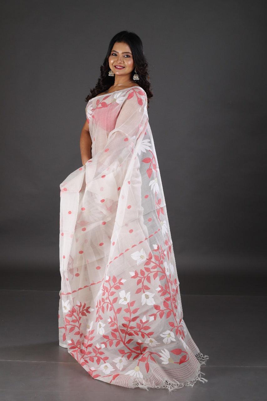White with red & golden floral motifs handwoven muslin silk jamdani saree - Tamal Boutique