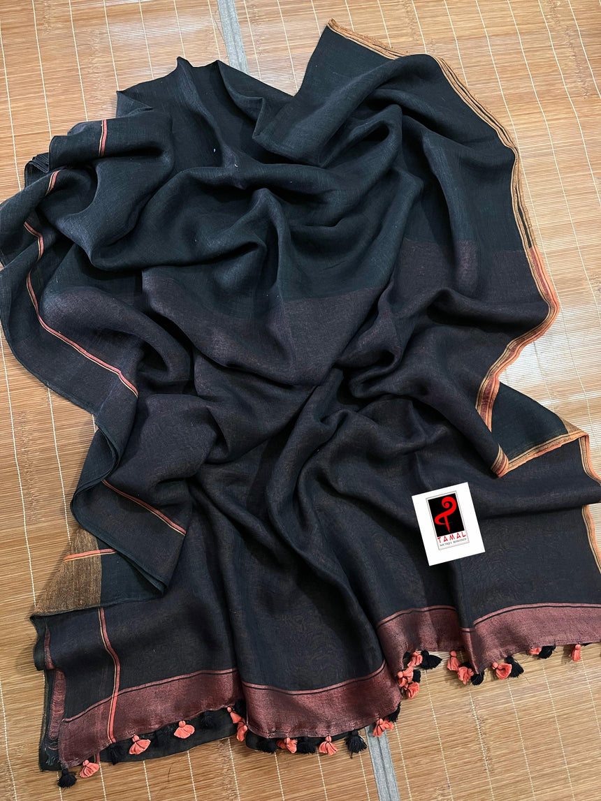 Black colour linen handloom saree - Tamal Boutique