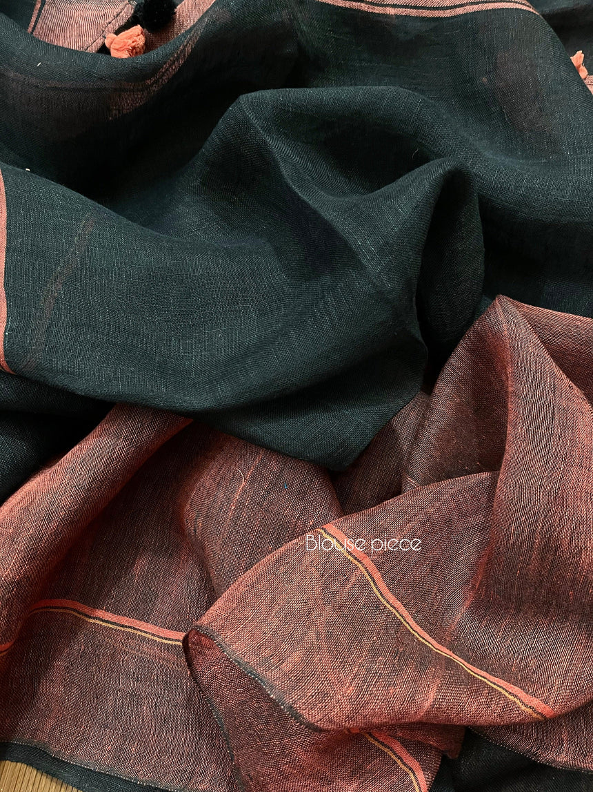 Black colour linen handloom saree - Tamal Boutique