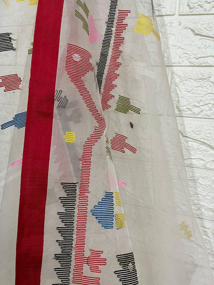 White with red border and multicolour traditional handwoven muslin silk jamdani saree - Tamal Boutique