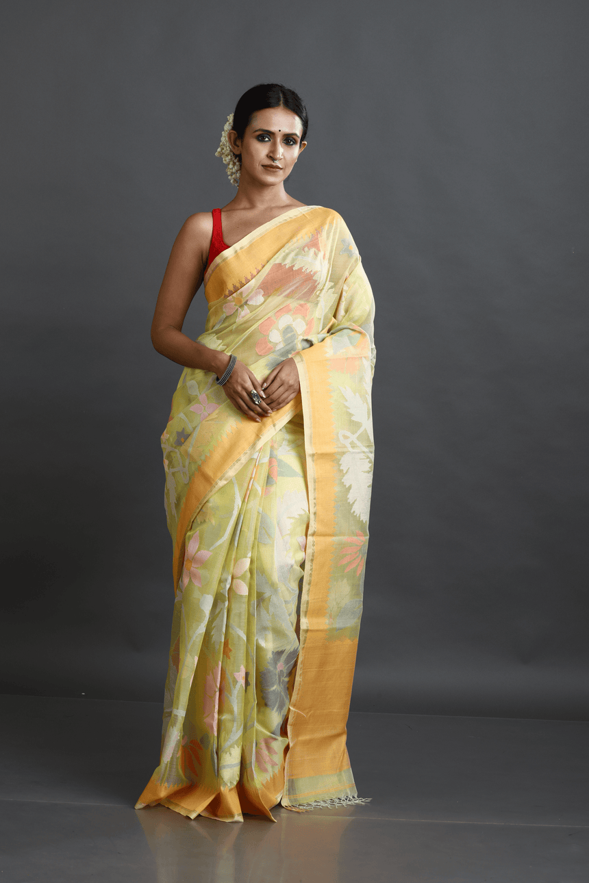 Yellow With Multi Colour Allover Floral Muslin Silk Handwoven Jamdani Saree - Tamal Boutique
