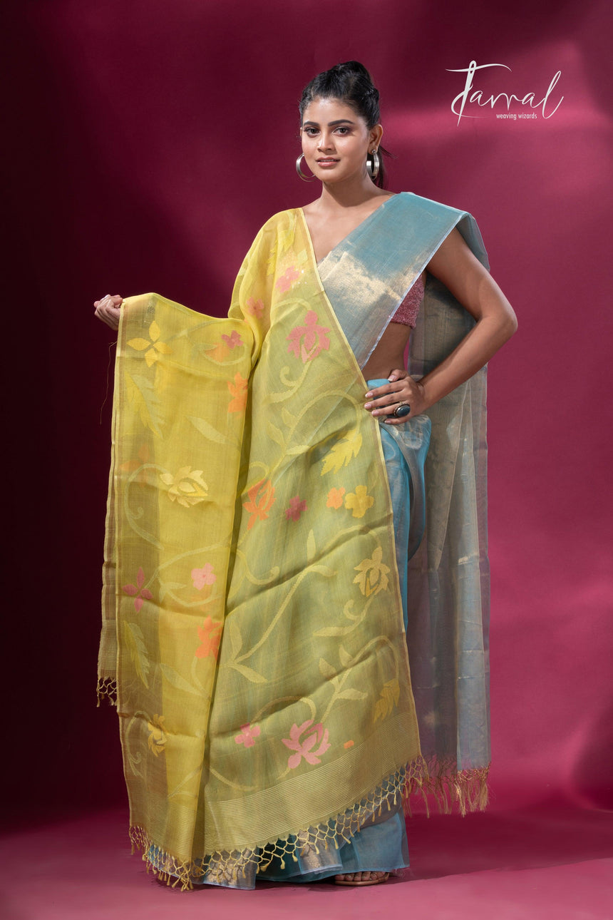 Yellow Muslin Silk Jamdani Dupatta Beautiful Floral Motifs full