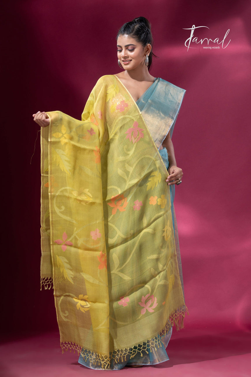 Yellow Muslin Silk Jamdani Dupatta Beautiful Floral Motifs full2
