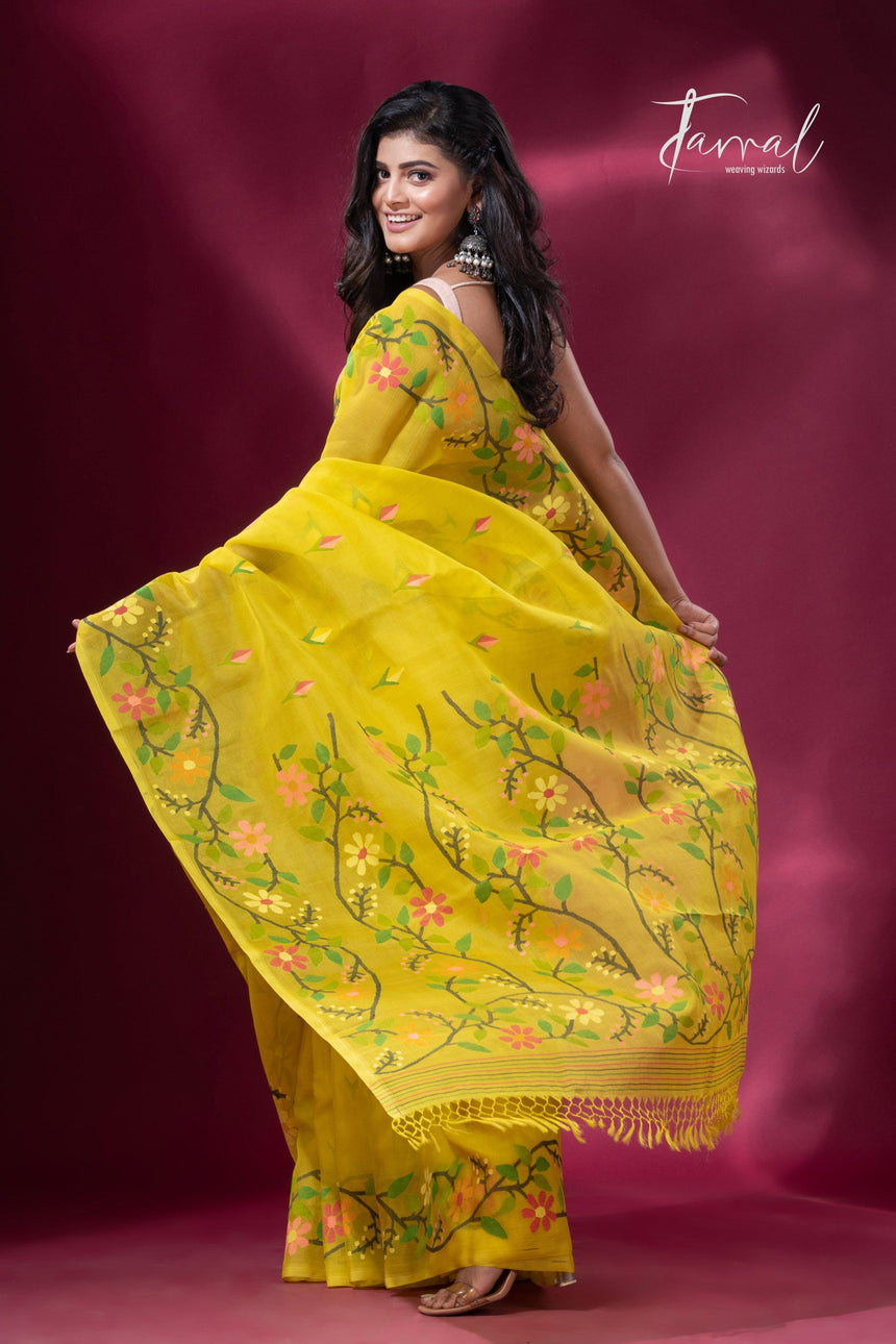Yellow colour floral border handwoven muslin jamdani saree back