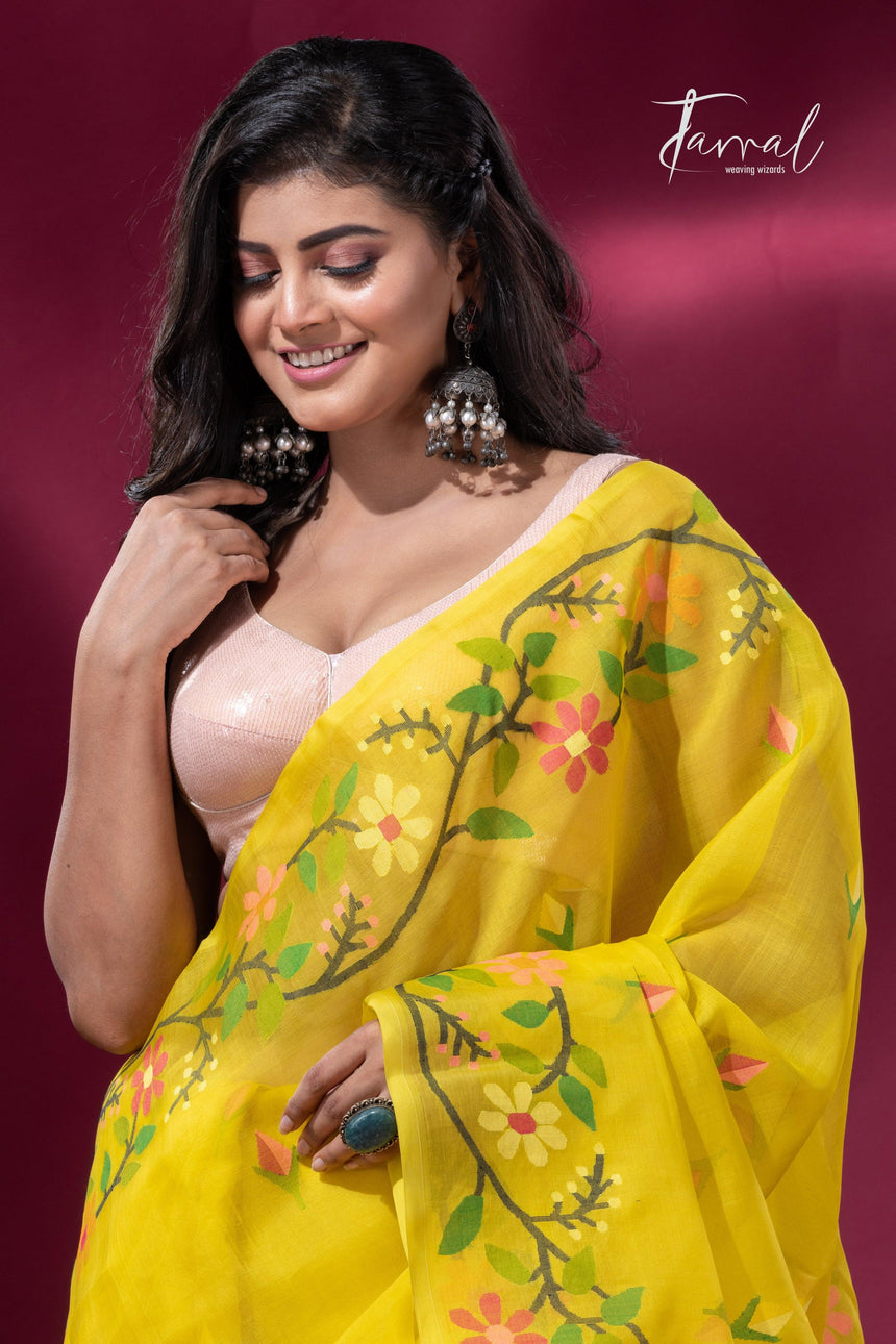 Yellow colour floral border handwoven muslin jamdani saree cls