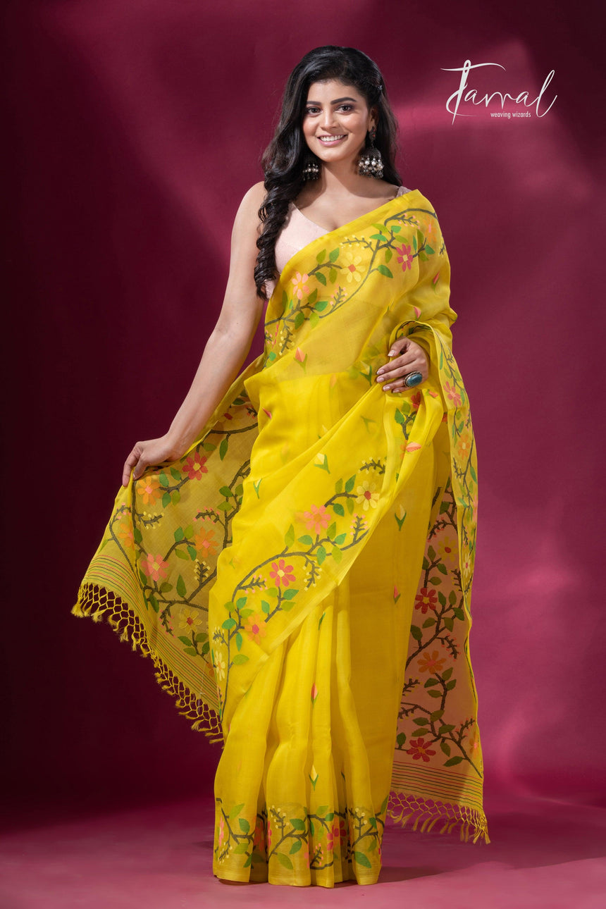 Yellow colour floral border handwoven muslin jamdani saree full