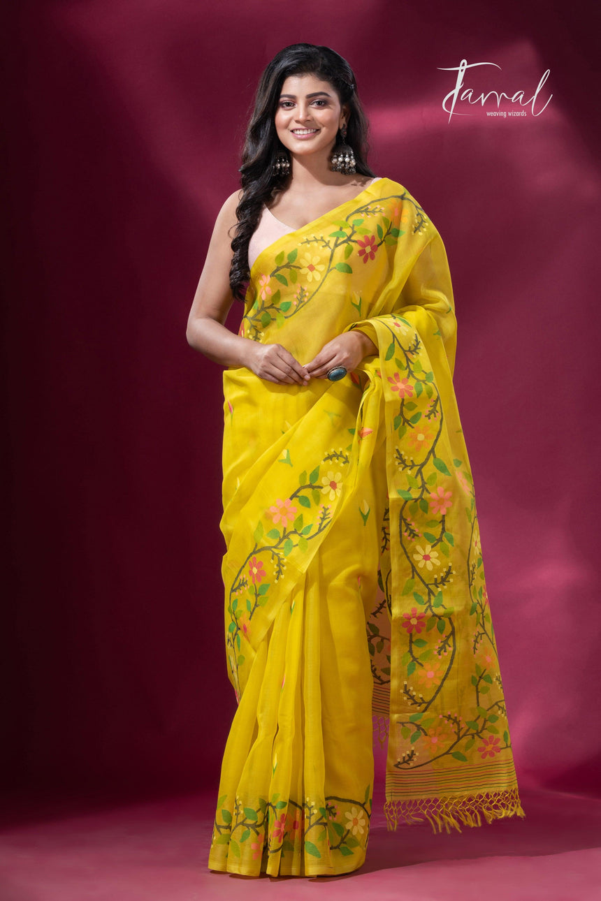 Yellow colour floral border handwoven muslin jamdani saree full2